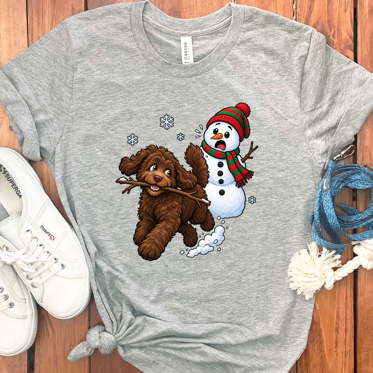 Chocolate Goldendoodle Snowman T-Shirt in Athletic Heather / S by Puppy Jo
