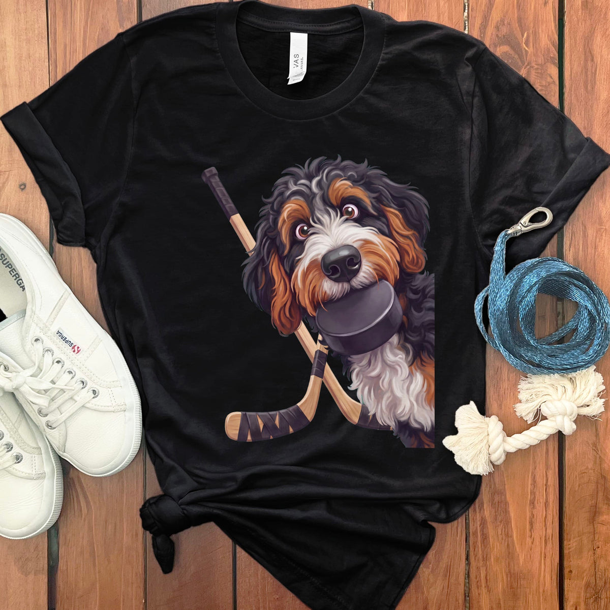 Bernedoodle Hockey T-Shirt in Black / S by Puppy Jo