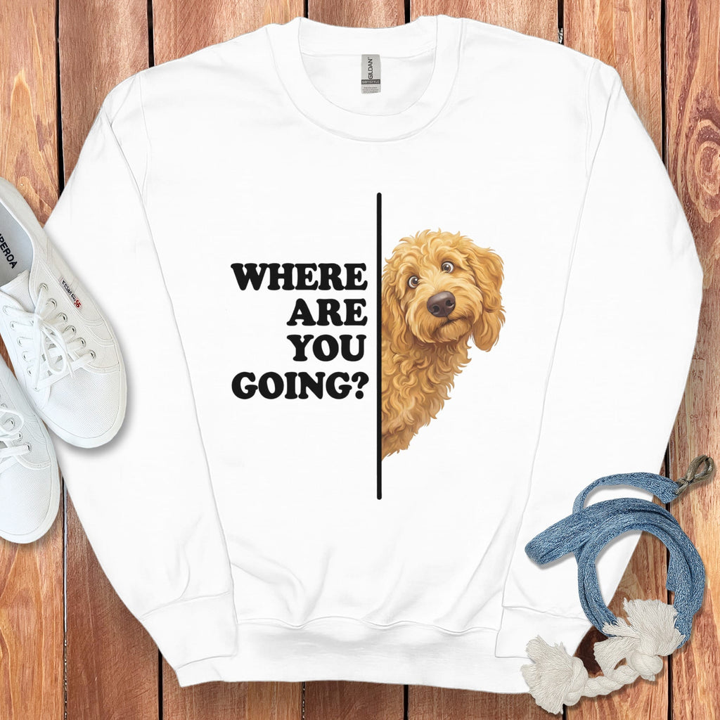 Where Going Apricot Goldendoodle Sweatshirt in White / S by Puppy Jo
