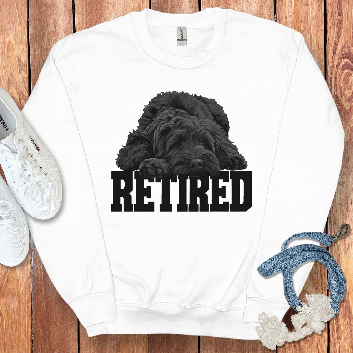 Retired Sleeping Black Goldendoodle Sweatshirt in White / S by Puppy Jo