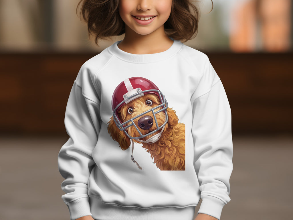 Dog wearing a football helmet on a white sweatshirt.
