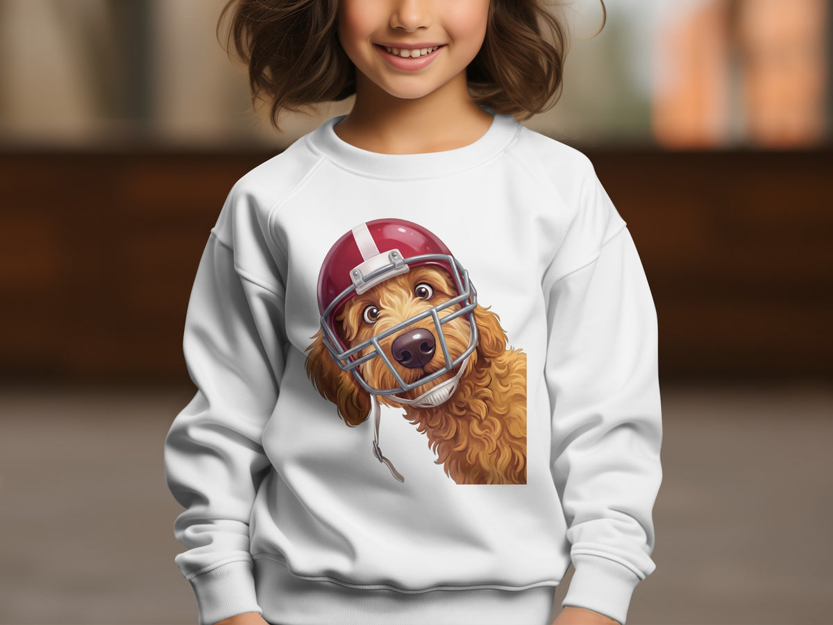 Dog wearing a football helmet on a white sweatshirt.
