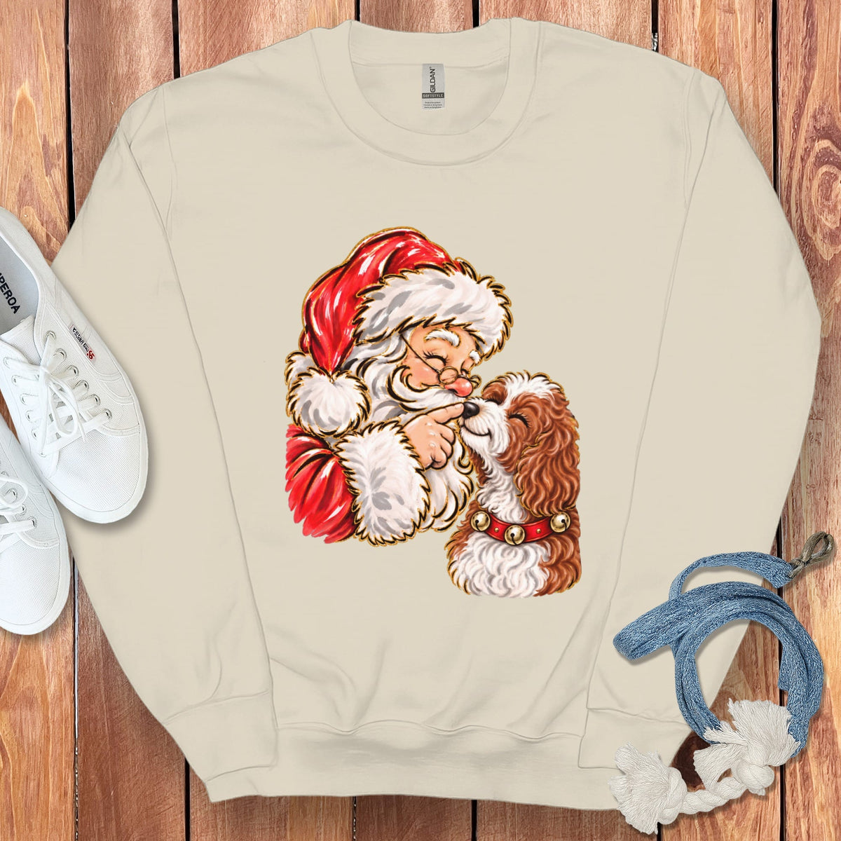 Cavapoo Santa Kiss Sweatshirt in Sand / S by Puppy Jo