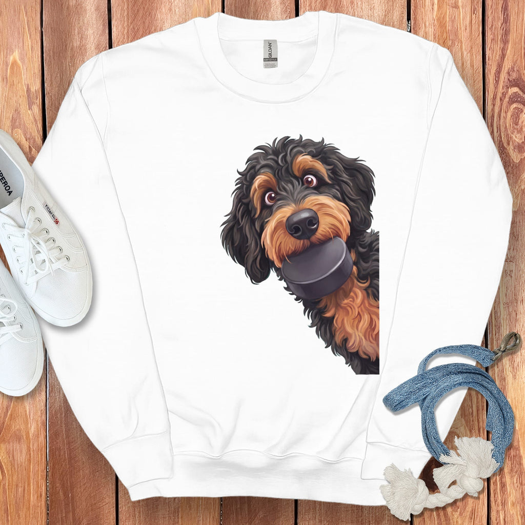 Phantom Goldendoodle Hockey Puck Sweatshirt in White / S by Puppy Jo