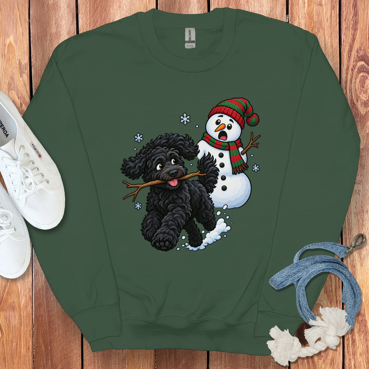 Black Goldendoodle Snowman Sweatshirt in Forest Green / S by Puppy Jo
