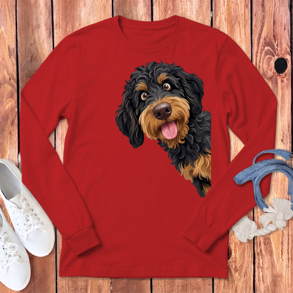 Red long-sleeve shirt with a black and tan doodle dog illustration on the front.
