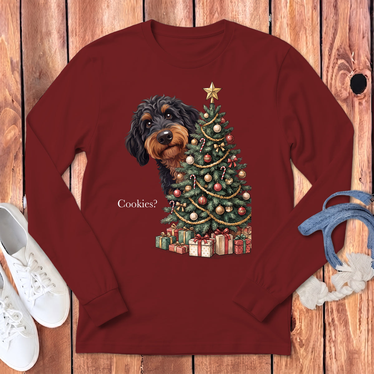 Long-sleeve shirt with a dachshund and Christmas tree graphic and the text "Cookies?".