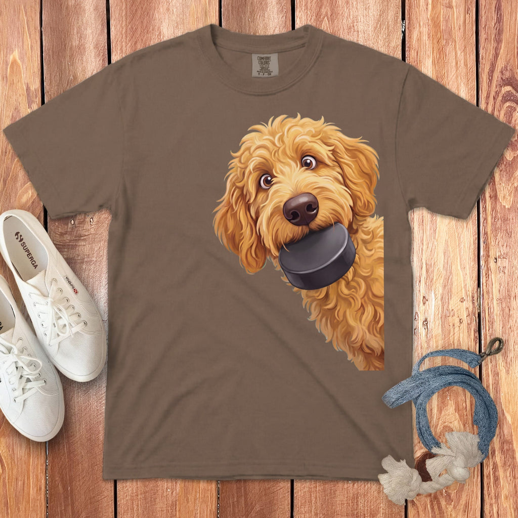 Golden Goldendoodle Hockey Puck Signature T-Shirt in Espresso / S by Puppy Jo