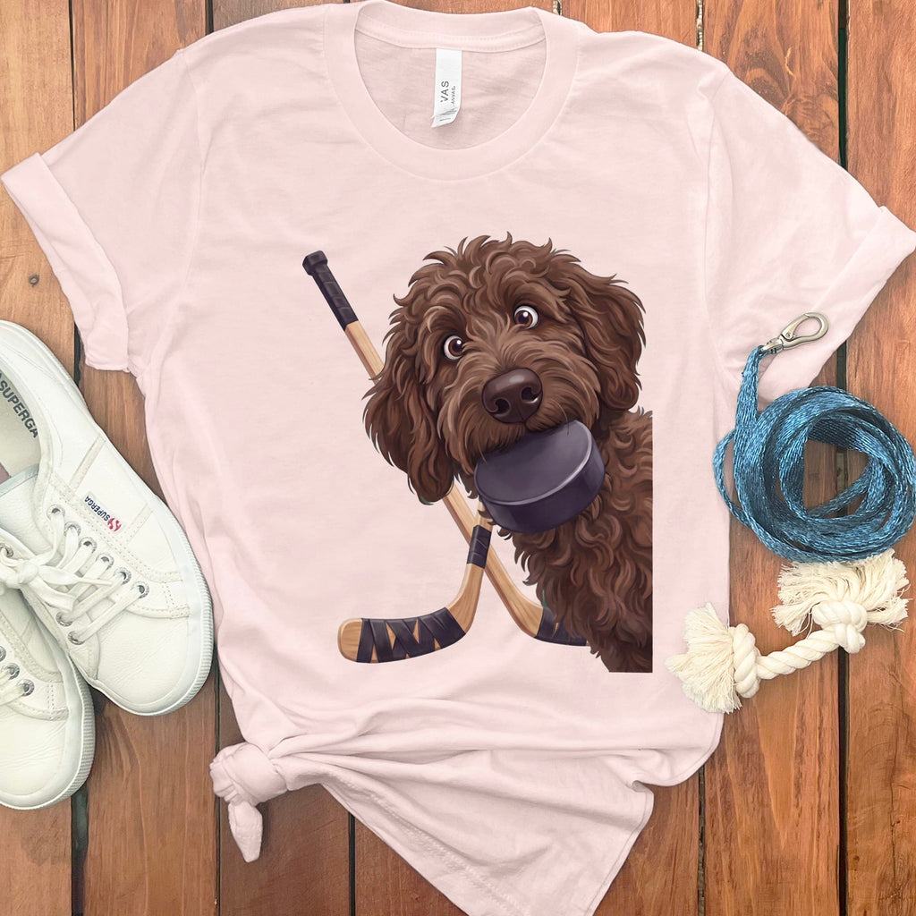 Chocolate Goldendoodle Hockey T-Shirt in Soft Pink / S by Puppy Jo