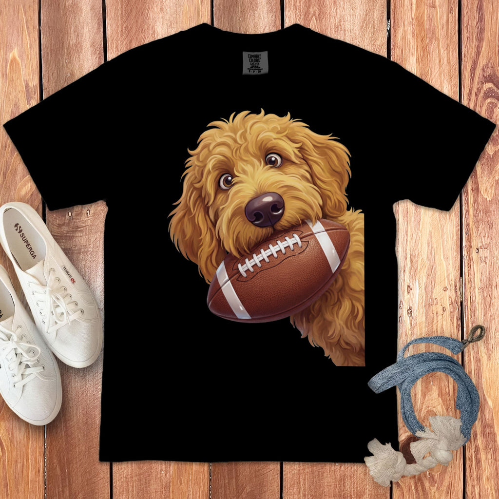 Apricot Goldendoodle Football Signature T-Shirt in Black / S by Puppy Jo