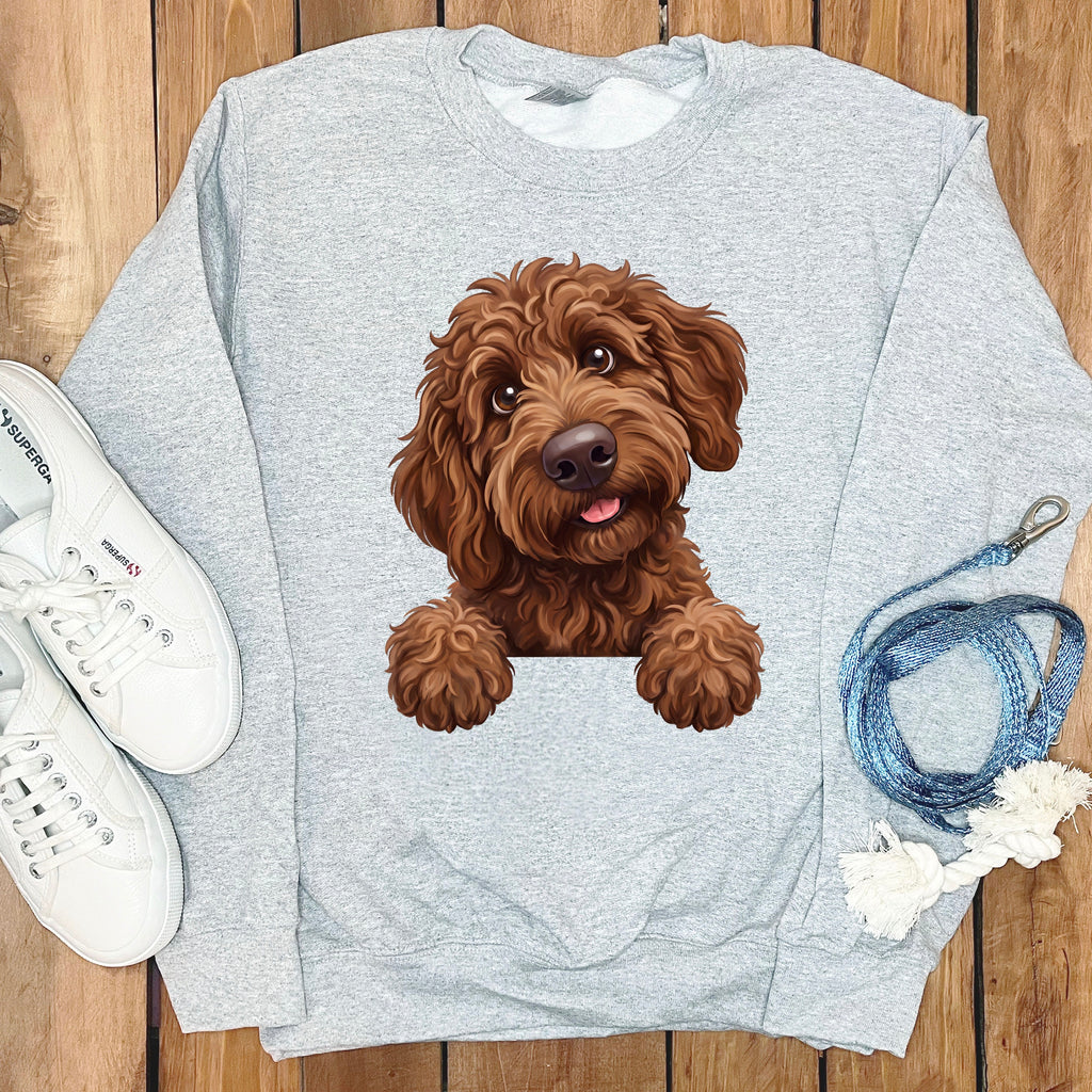 Grey sweatshirt with a brown doodle dog graphic and white Superga sneakers.
