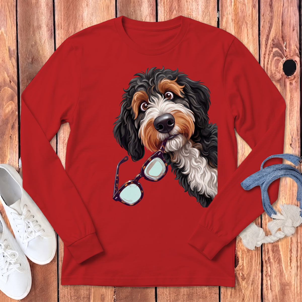A red long-sleeve shirt featuring an illustrated doodle dog holding glasses in its mouth.