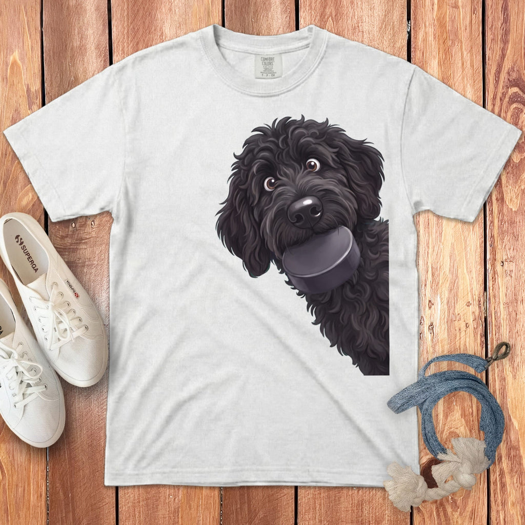 Black Goldendoodle Hockey Puck Signature T-Shirt in White / S by Puppy Jo