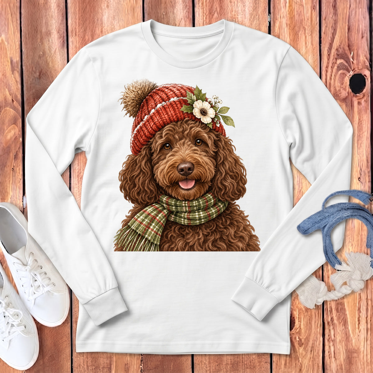 Brown doodle dog wearing a knitted hat and scarf with floral accents.
