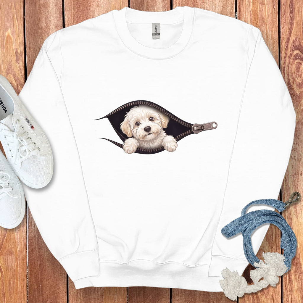 Maltipoo Peeking Zipper Sweatshirt in White / S by Puppy Jo