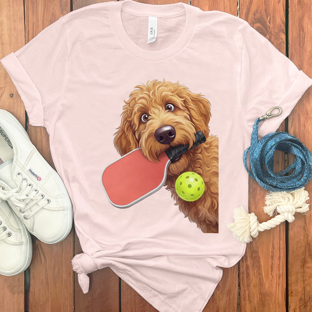 Apricot Goldendoodle Pickleball T-Shirt in Soft Pink / S by Puppy Jo