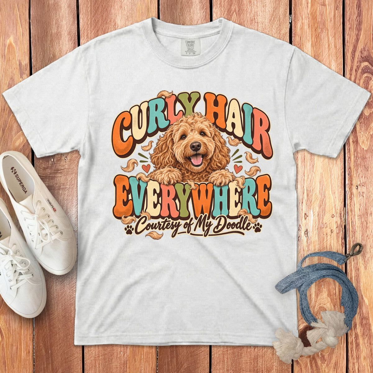 White t-shirt with "Curly Hair Everywhere Courtesy of My Doodle" and a doodle dog graphic.