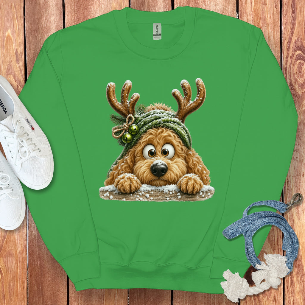 Green sweatshirt with cartoon dog wearing antlers and a knitted hat.