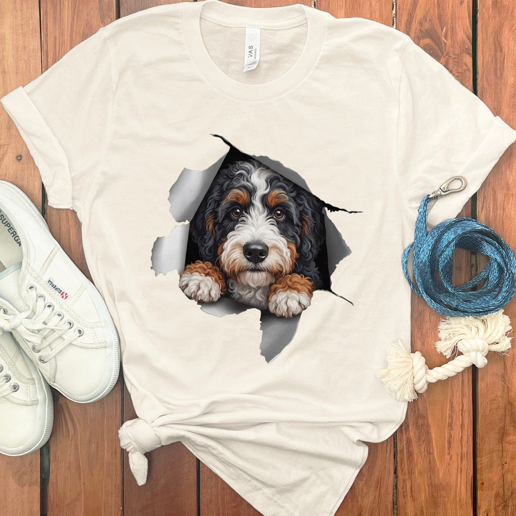 Cute dog breaking through design t-shirt