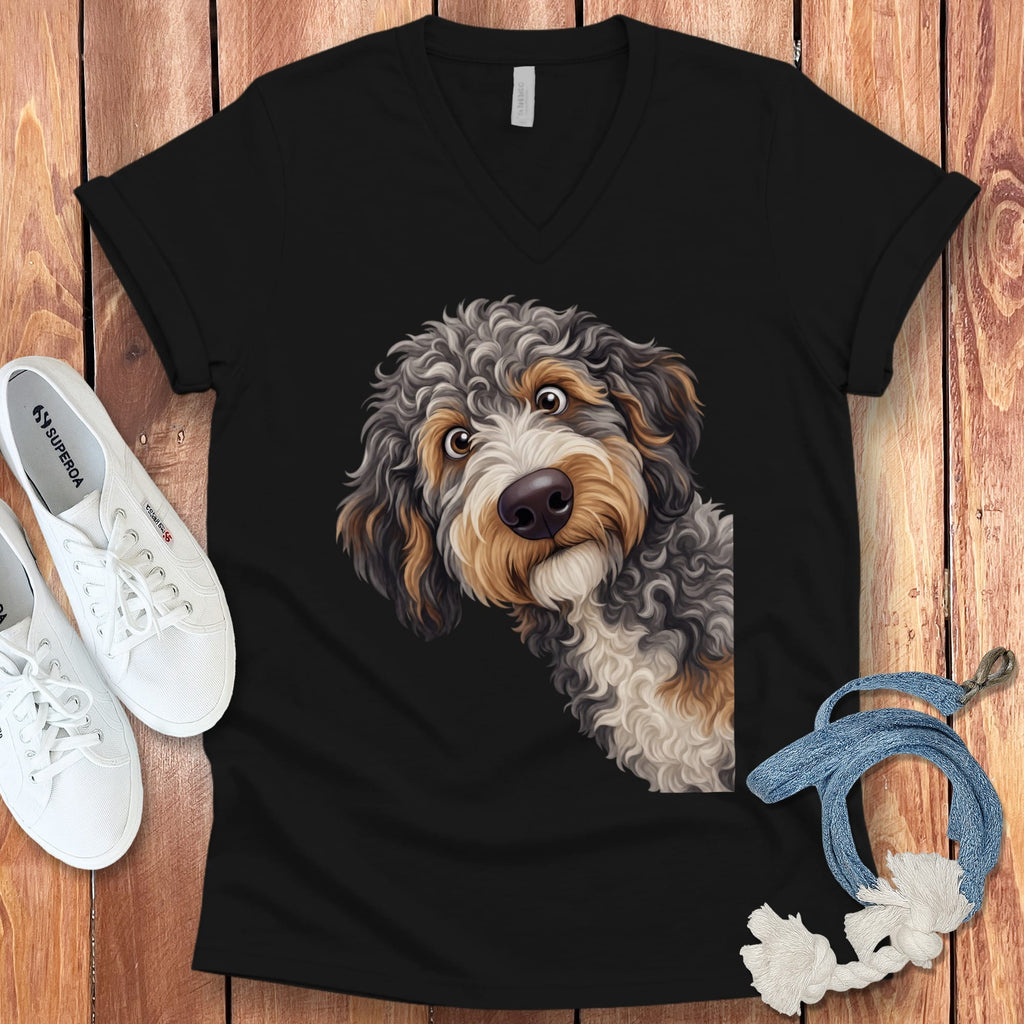 Funny Peeking Aussiedoodle V-Neck T-Shirt in Black / S by Puppy Jo