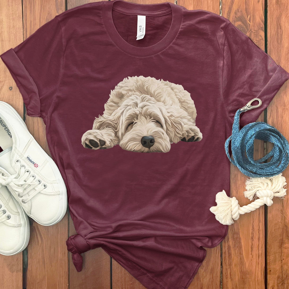 Cream Goldendoodle Snoozing T-Shirt in Maroon / S by Puppy Jo