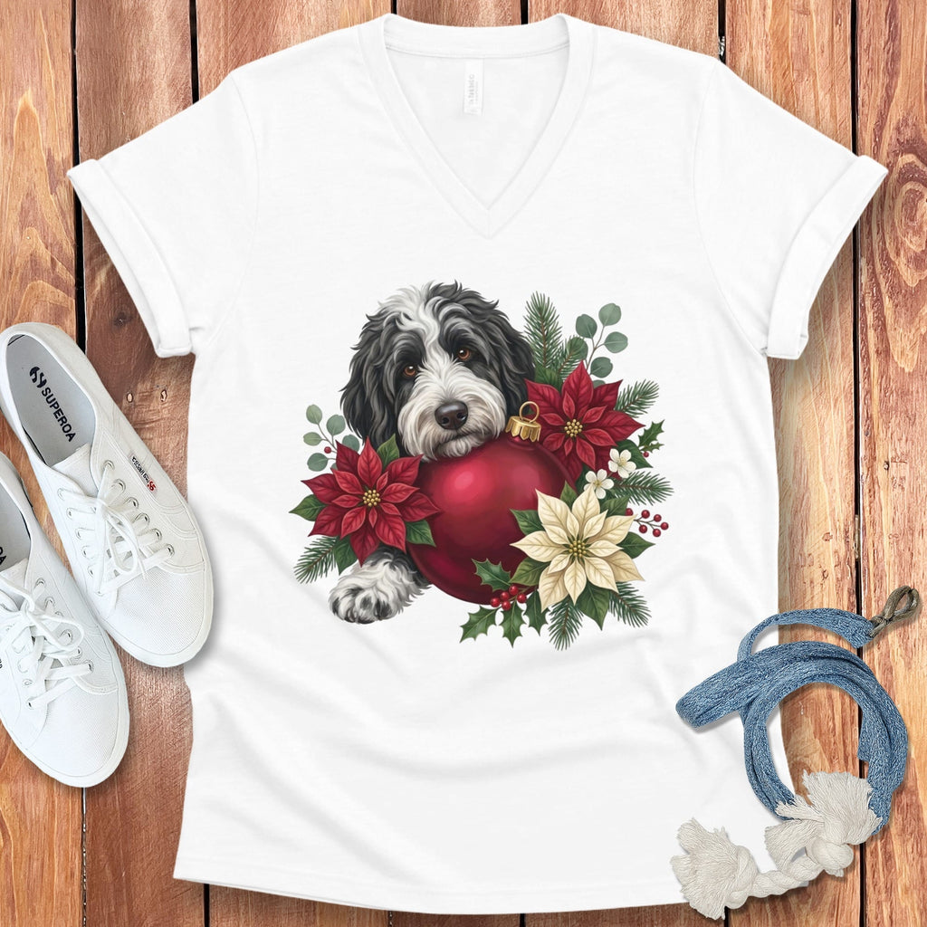 Sheepadoodle Holiday Cheer V-Neck T-Shirt in White / S by Puppy Jo