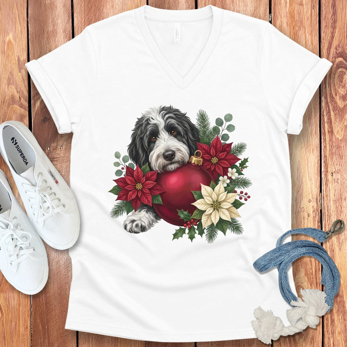 Sheepadoodle Holiday Cheer V-Neck T-Shirt in White / S by Puppy Jo