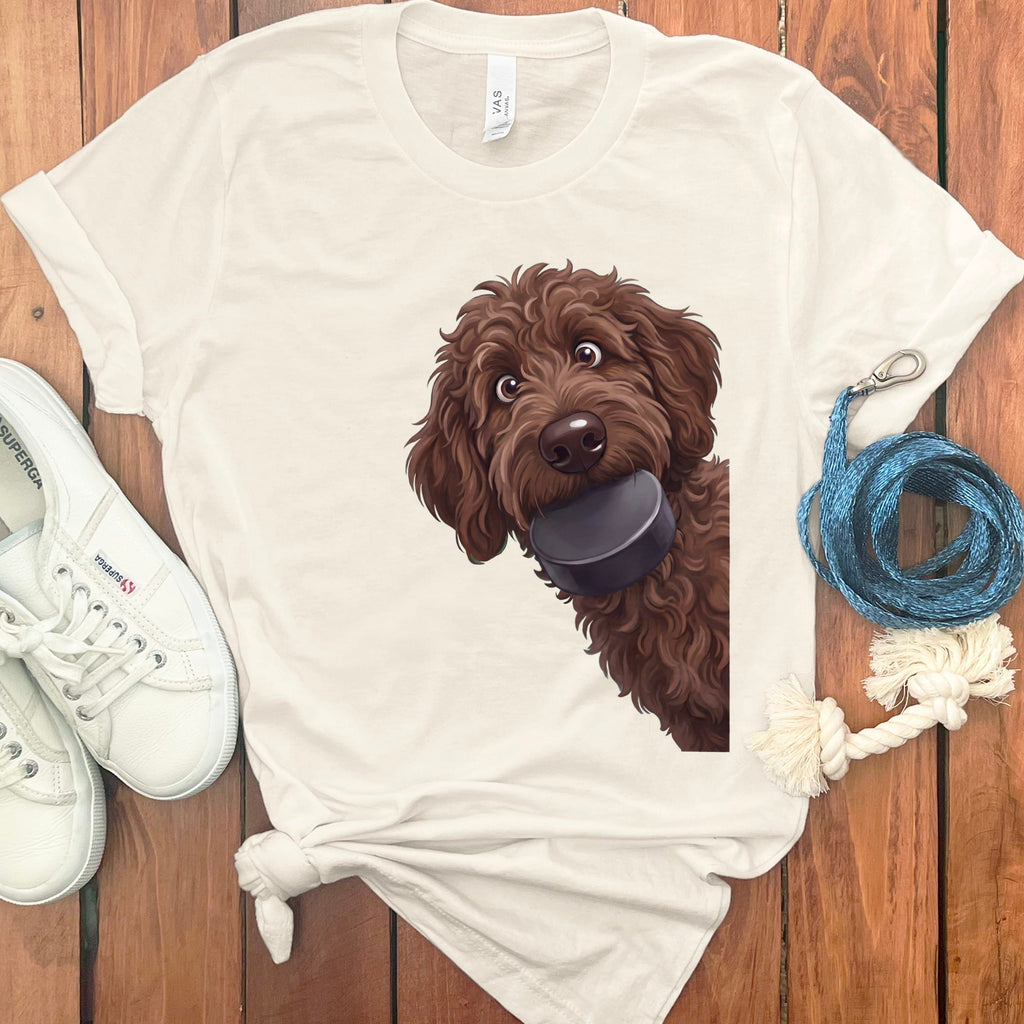 Chocolate Goldendoodle Hockey Puck T-Shirt in Natural / S by Puppy Jo