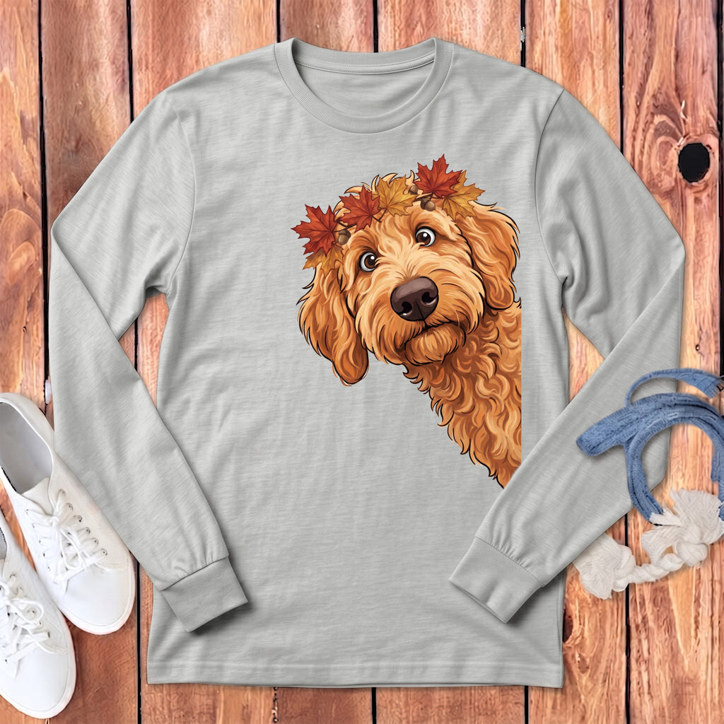 Fall Crown Apricot Goldendoodle Long Sleeve T-Shirt in Athletic Heather / S by Puppy Jo