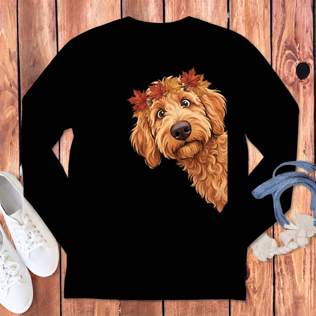 Fall Crown Apricot Goldendoodle Long Sleeve T-Shirt in Black / S by Puppy Jo