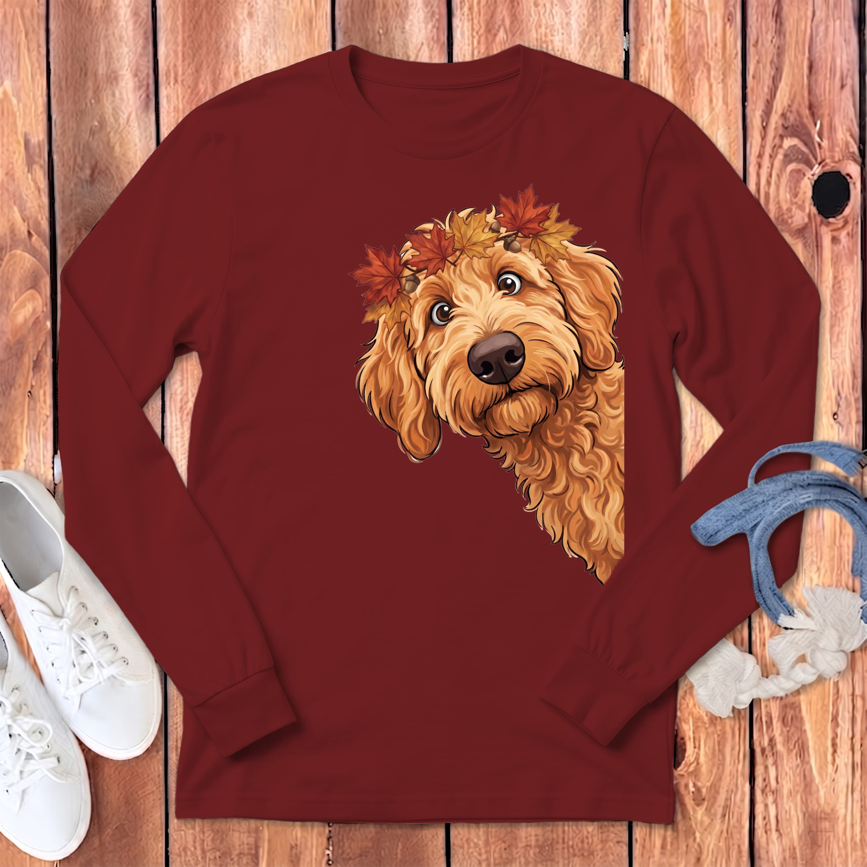 Fall Crown Apricot Goldendoodle Long Sleeve T-Shirt in Cardinal / S by Puppy Jo