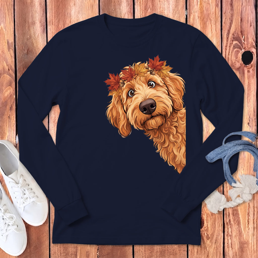 Fall Crown Apricot Goldendoodle Long Sleeve T-Shirt in Navy / S by Puppy Jo