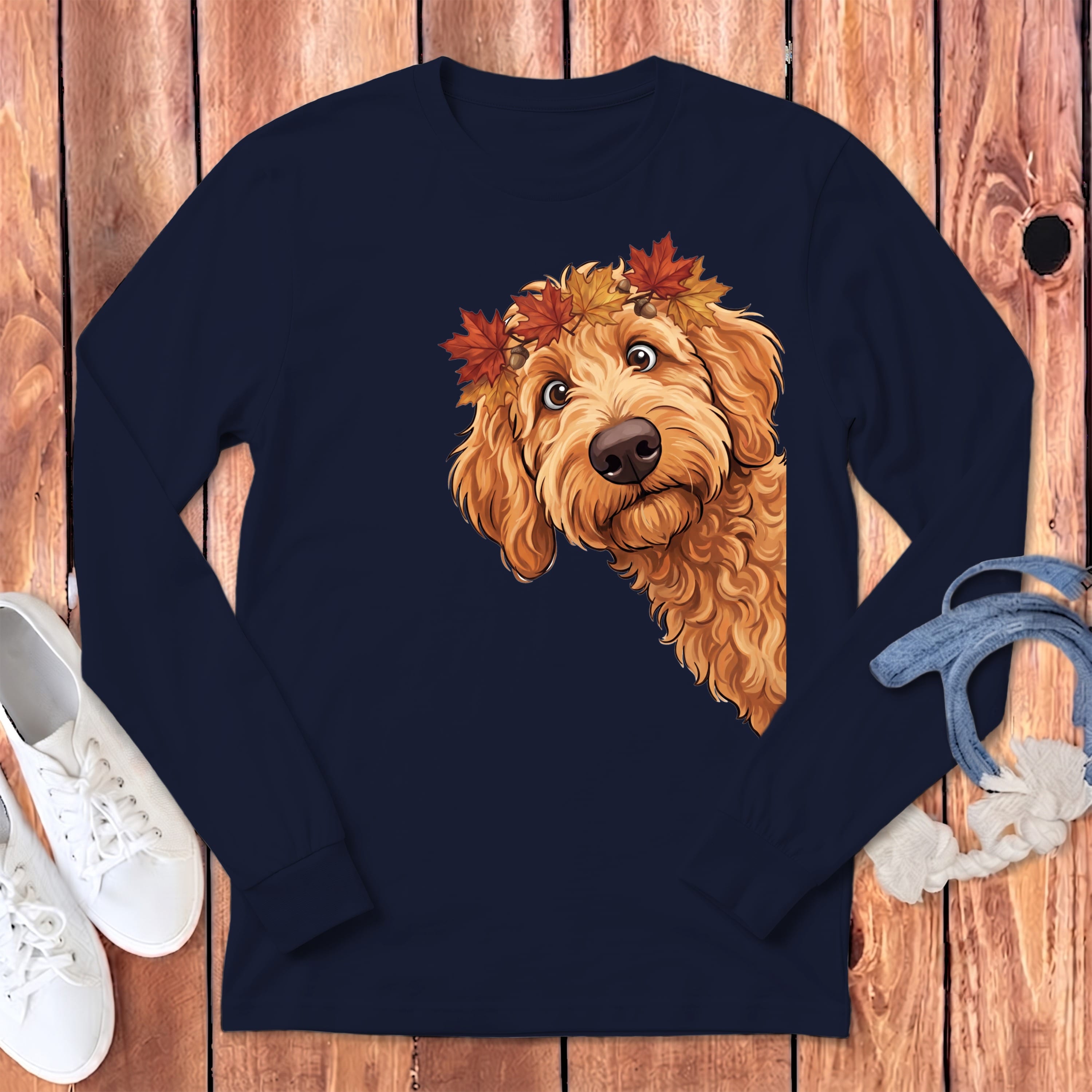 Fall Crown Apricot Goldendoodle Long Sleeve T-Shirt in Navy / S by Puppy Jo
