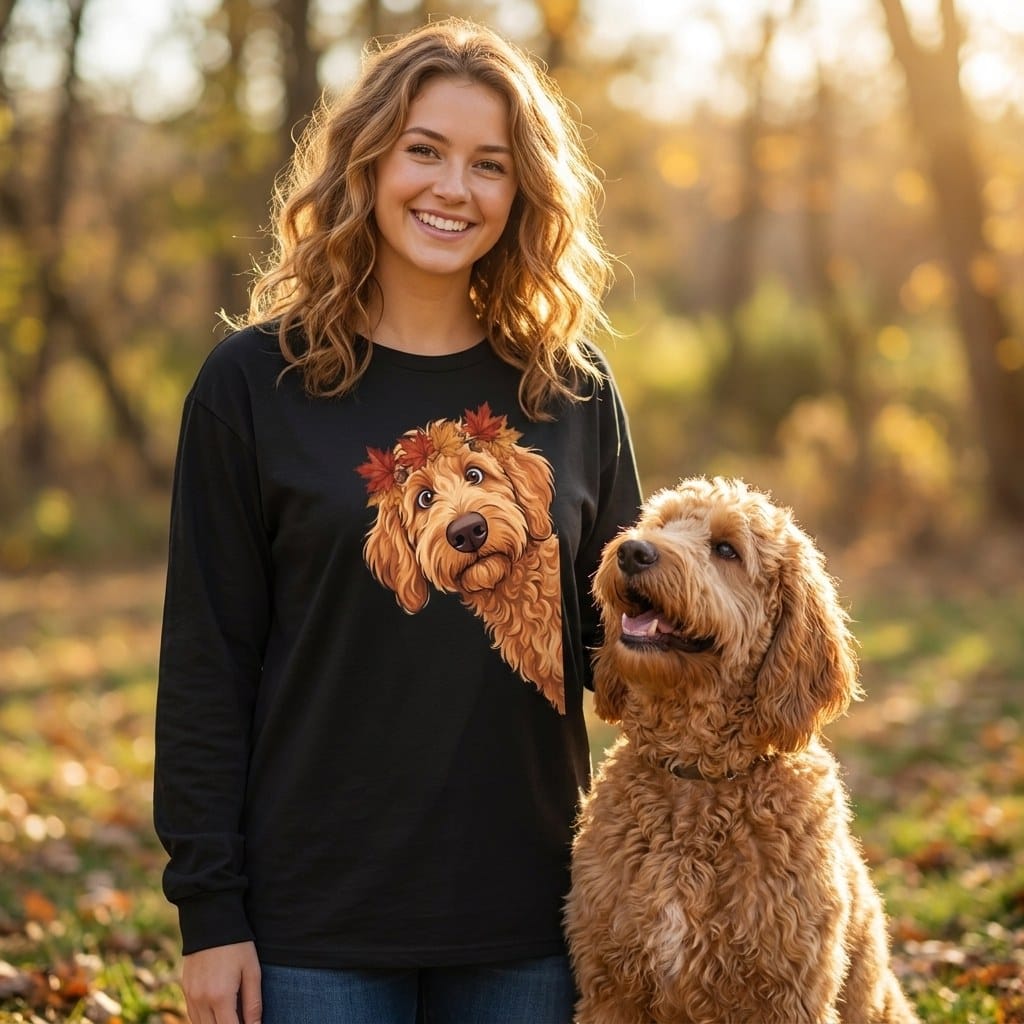 Fall Crown Apricot Goldendoodle Long Sleeve T-Shirt in by Puppy Jo