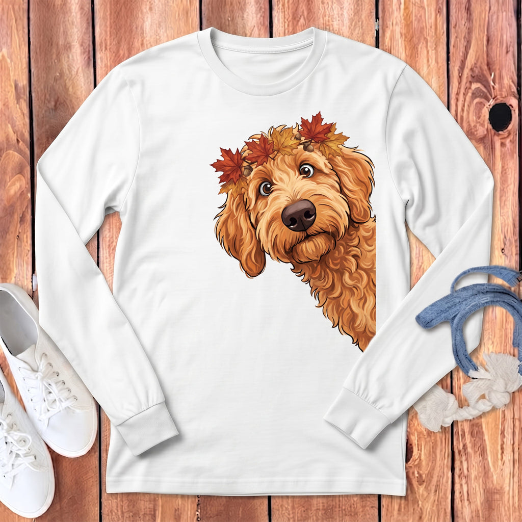 Fall Crown Apricot Goldendoodle Long Sleeve T-Shirt in White / S by Puppy Jo