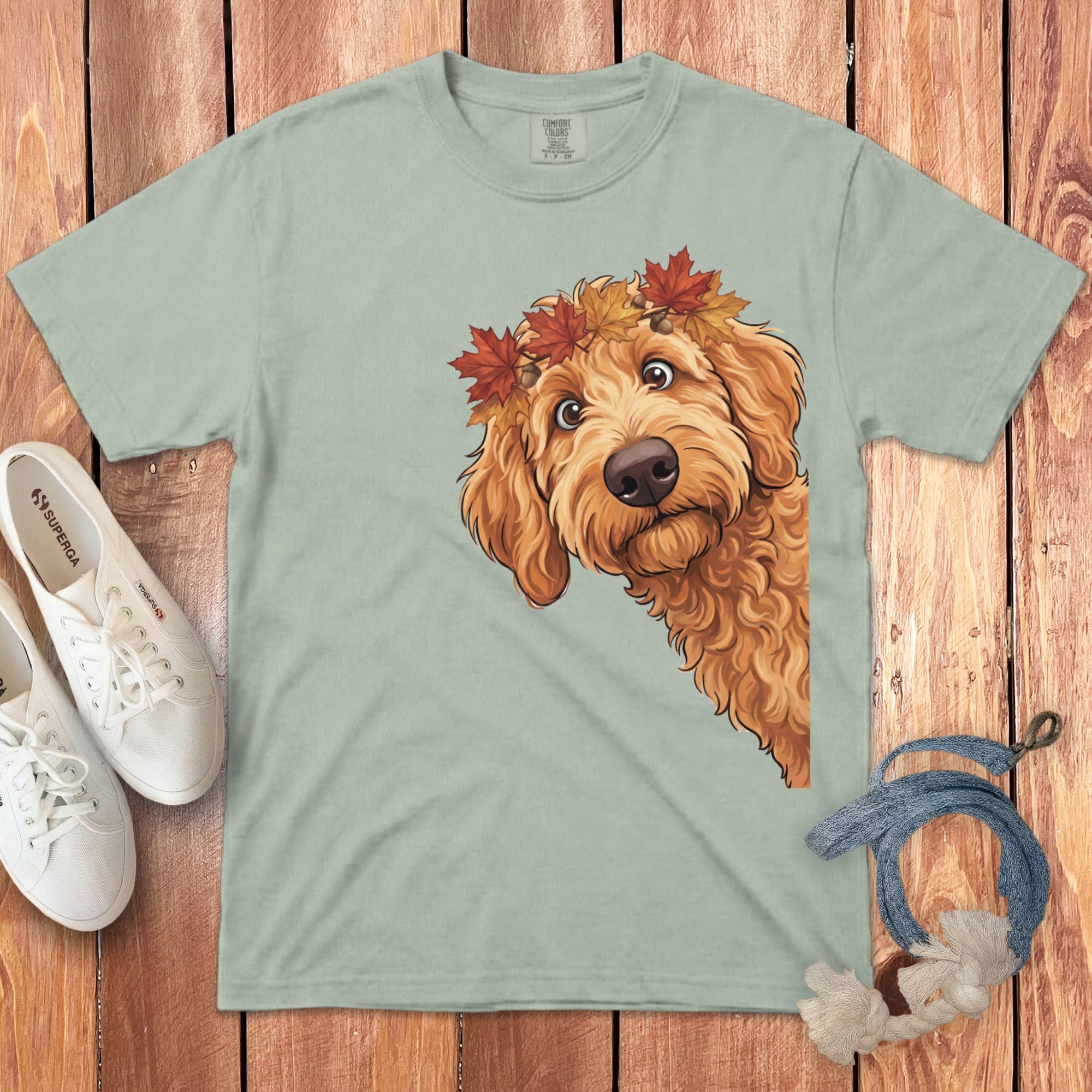 Fall Crown Apricot Goldendoodle Signature T-Shirt in Bay / S / T-Shirts by Puppy Jo