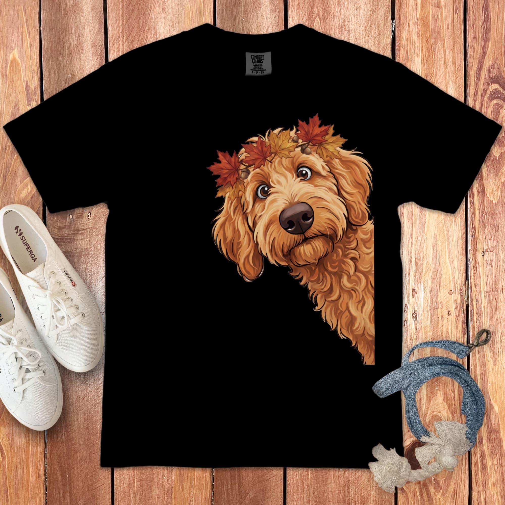 Fall Crown Apricot Goldendoodle Signature T-Shirt in Black / S / T-Shirts by Puppy Jo