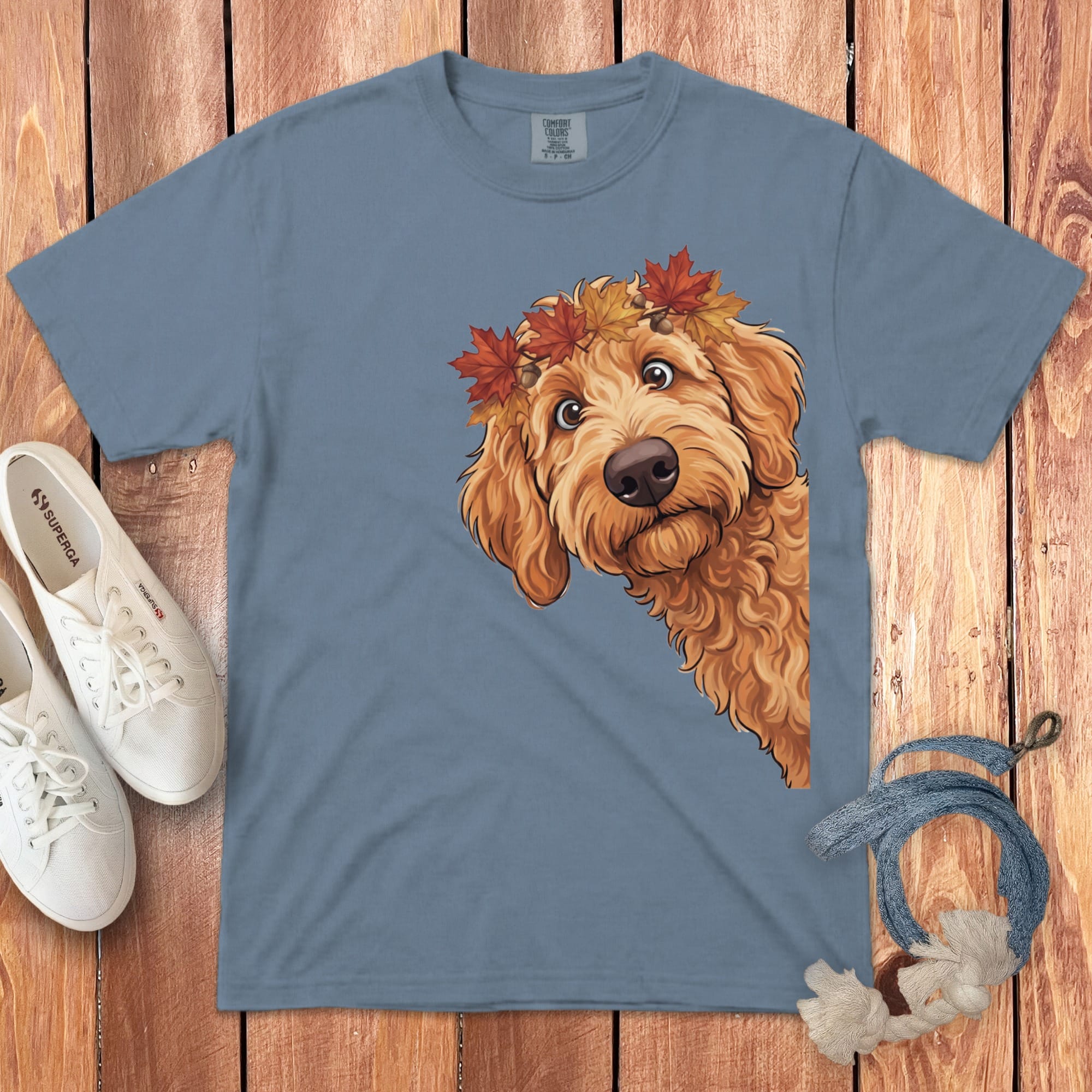 Fall Crown Apricot Goldendoodle Signature T-Shirt in Blue Jean / S / T-Shirts by Puppy Jo