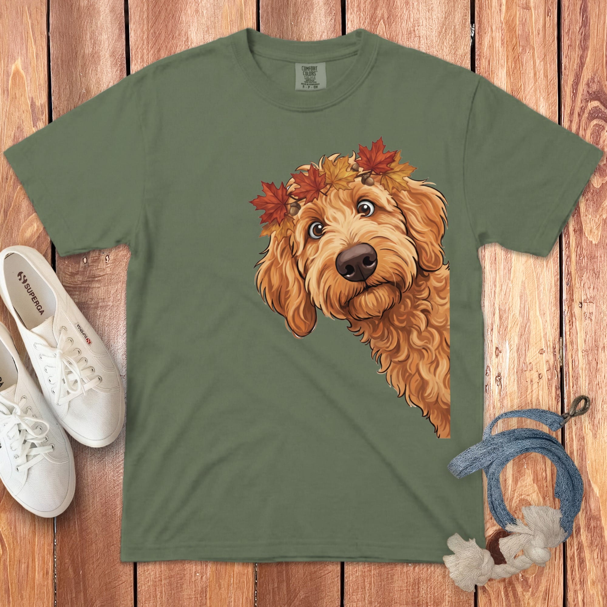 Fall Crown Apricot Goldendoodle Signature T-Shirt in Moss / S / T-Shirts by Puppy Jo