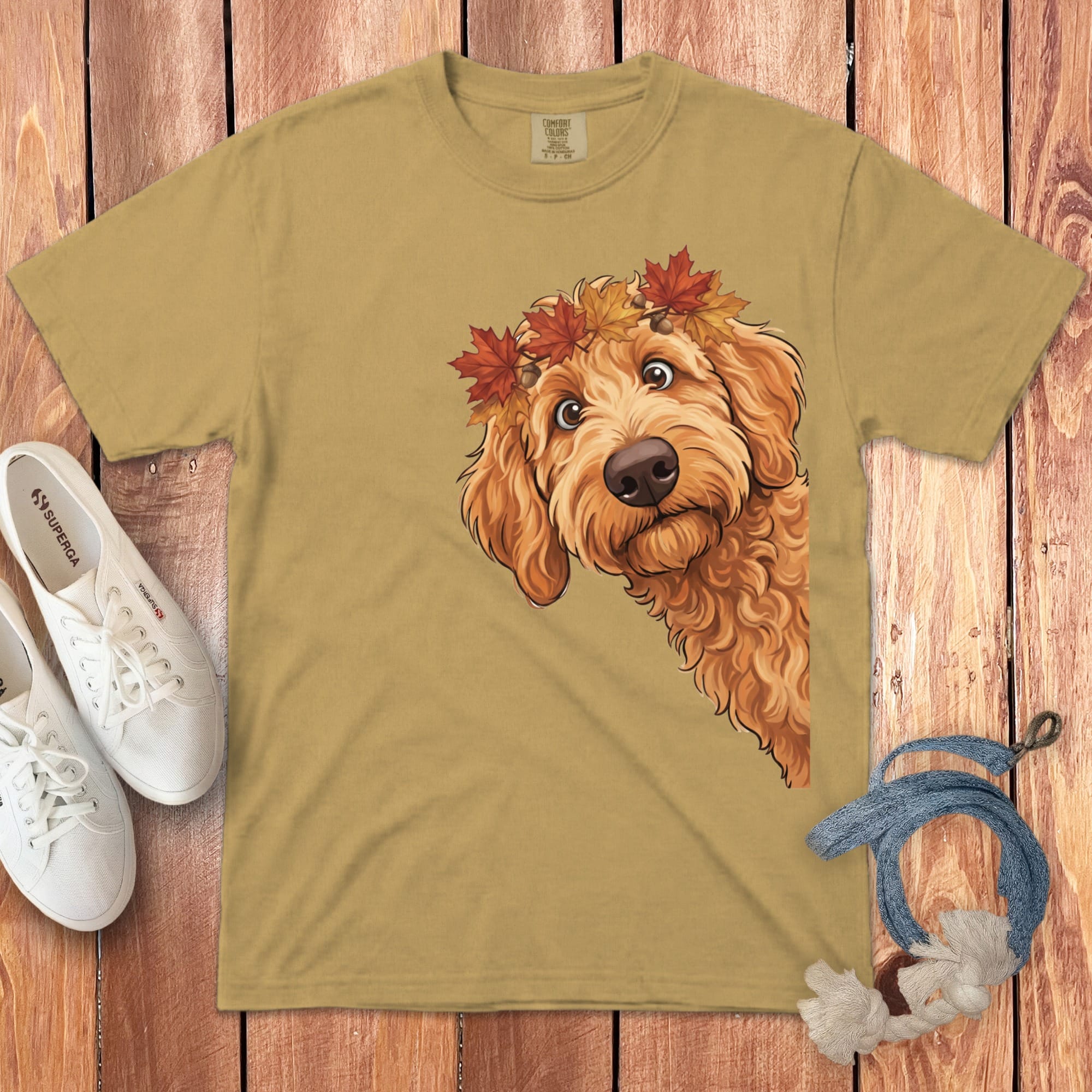 Fall Crown Apricot Goldendoodle Signature T-Shirt in Mustard / S / T-Shirts by Puppy Jo