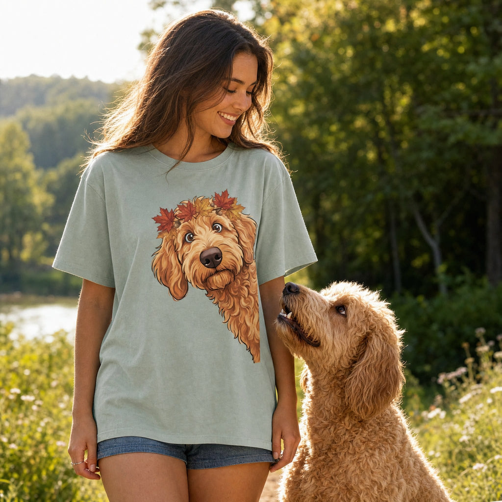Fall Crown Apricot Goldendoodle Signature T-Shirt in by Puppy Jo