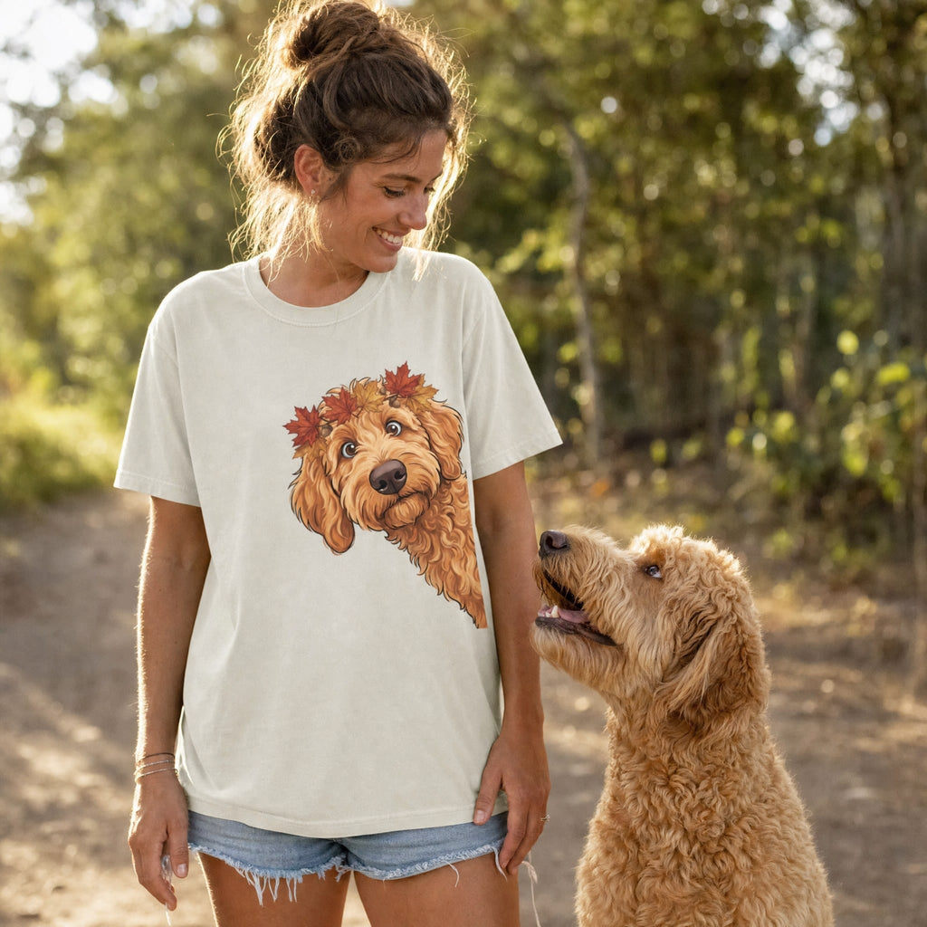 Fall Crown Apricot Goldendoodle Signature T-Shirt in by Puppy Jo