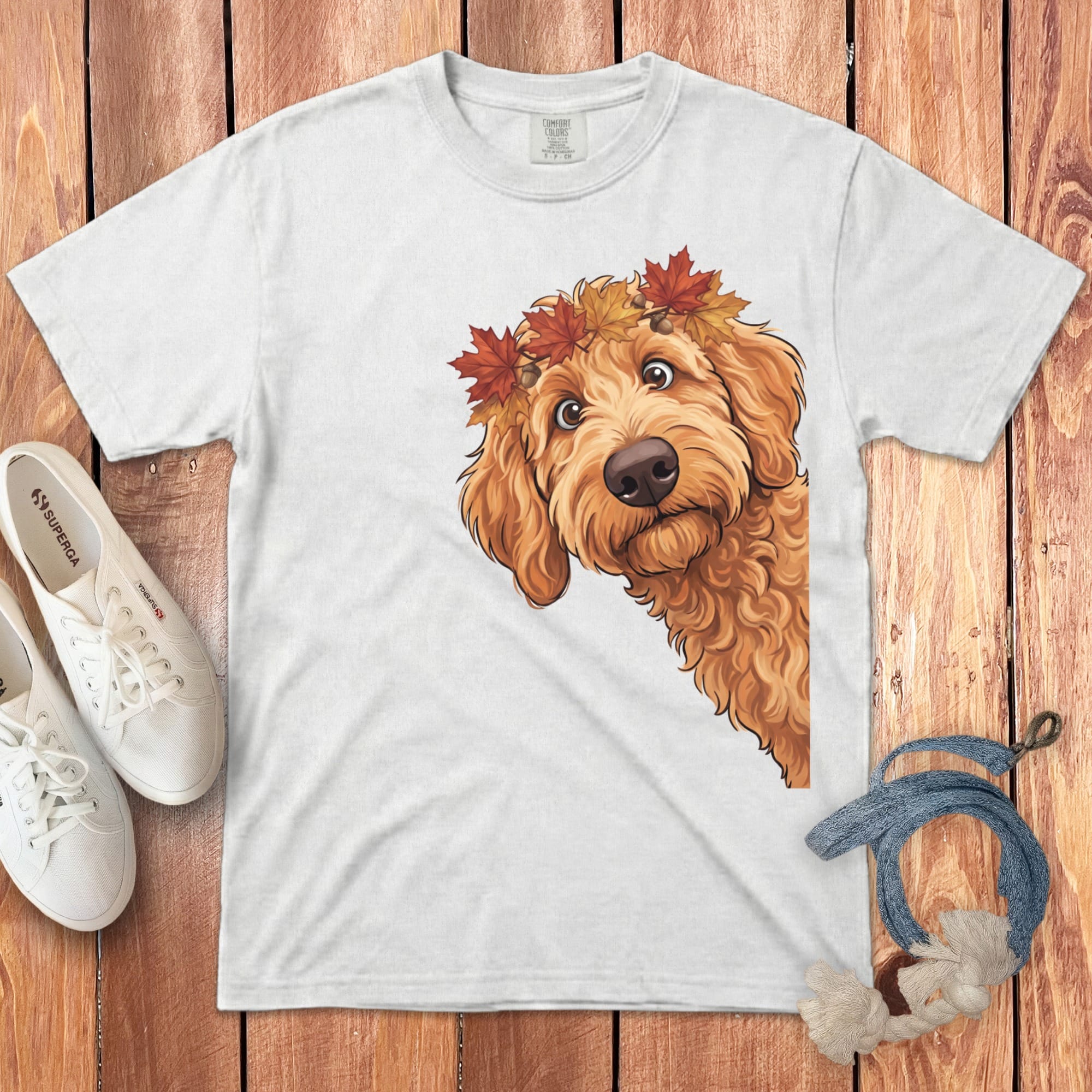 Fall Crown Apricot Goldendoodle Signature T-Shirt in White / S / T-Shirts by Puppy Jo