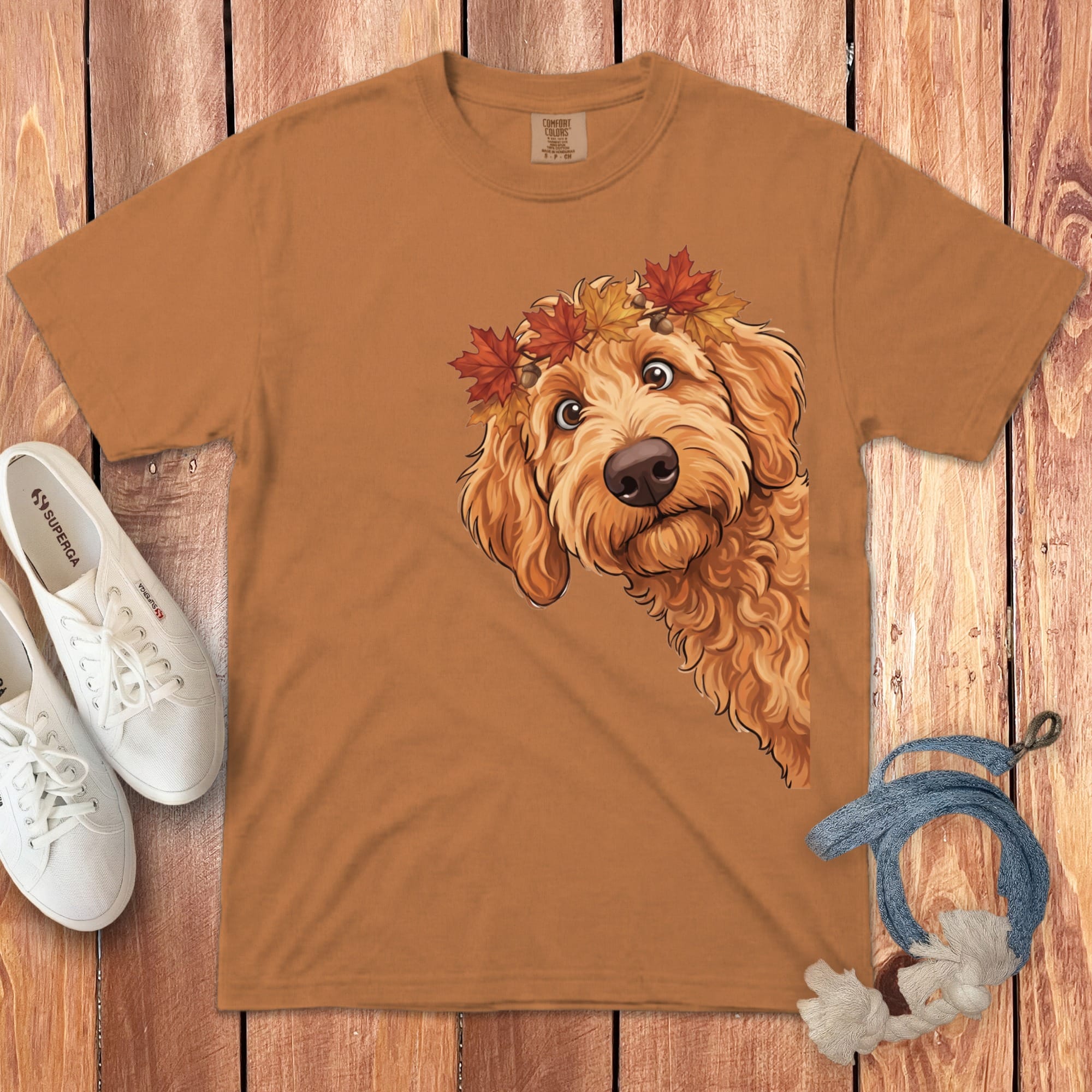 Fall Crown Apricot Goldendoodle Signature T-Shirt in Yam / S / T-Shirts by Puppy Jo
