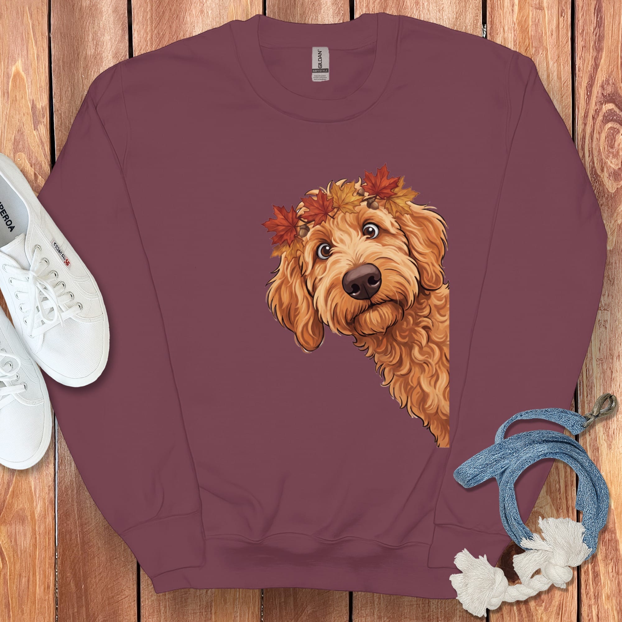 Fall Crown Apricot Goldendoodle Sweatshirt in Maroon / S by Puppy Jo