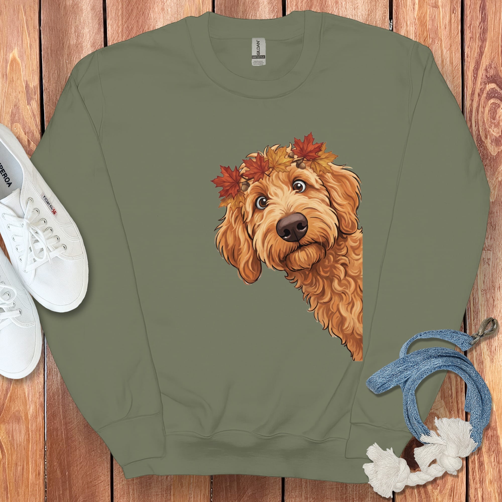 Fall Crown Apricot Goldendoodle Sweatshirt in Military Green / S by Puppy Jo