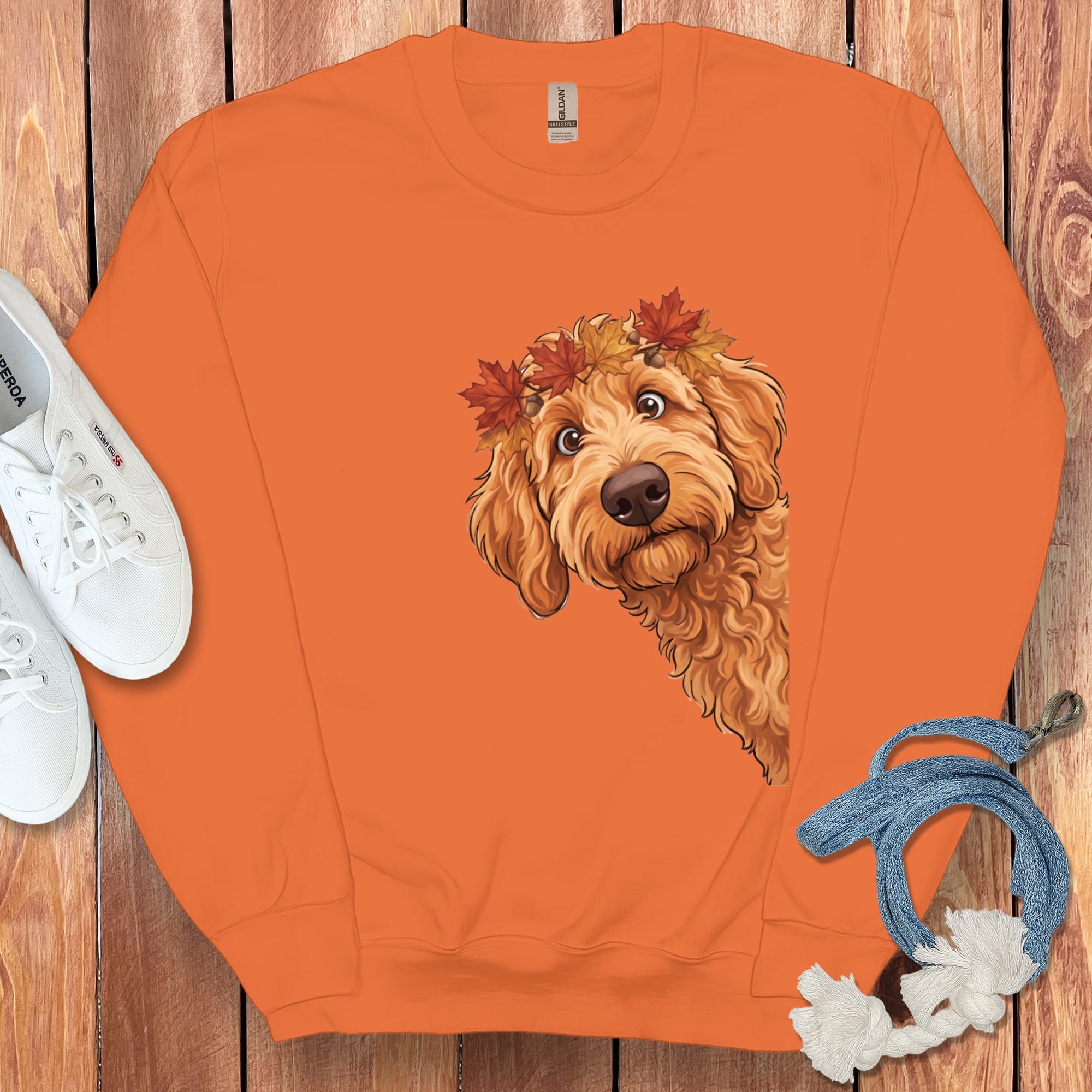 Fall Crown Apricot Goldendoodle Sweatshirt in Orange / M by Puppy Jo