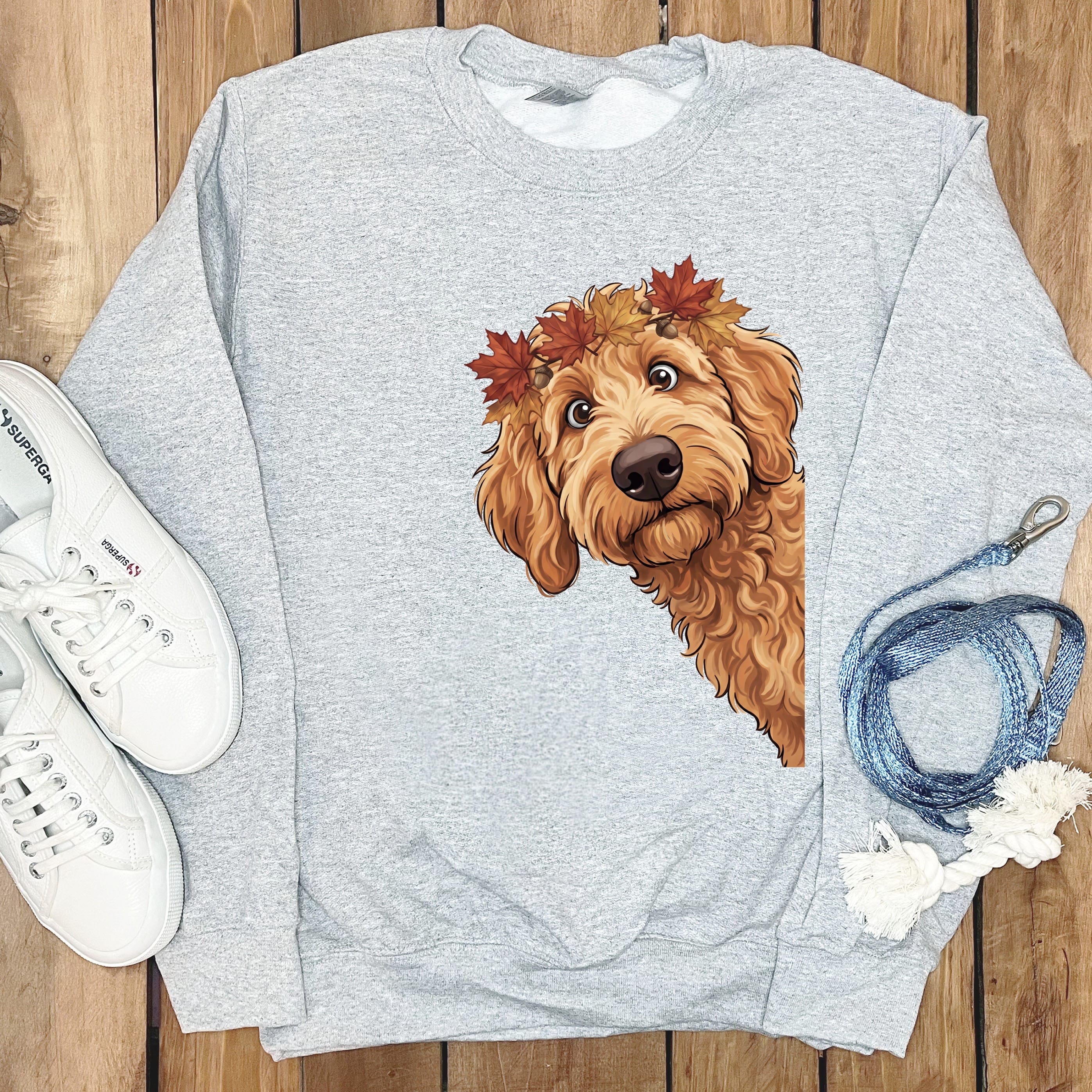 Fall Crown Apricot Goldendoodle Sweatshirt in Sport Grey / S by Puppy Jo
