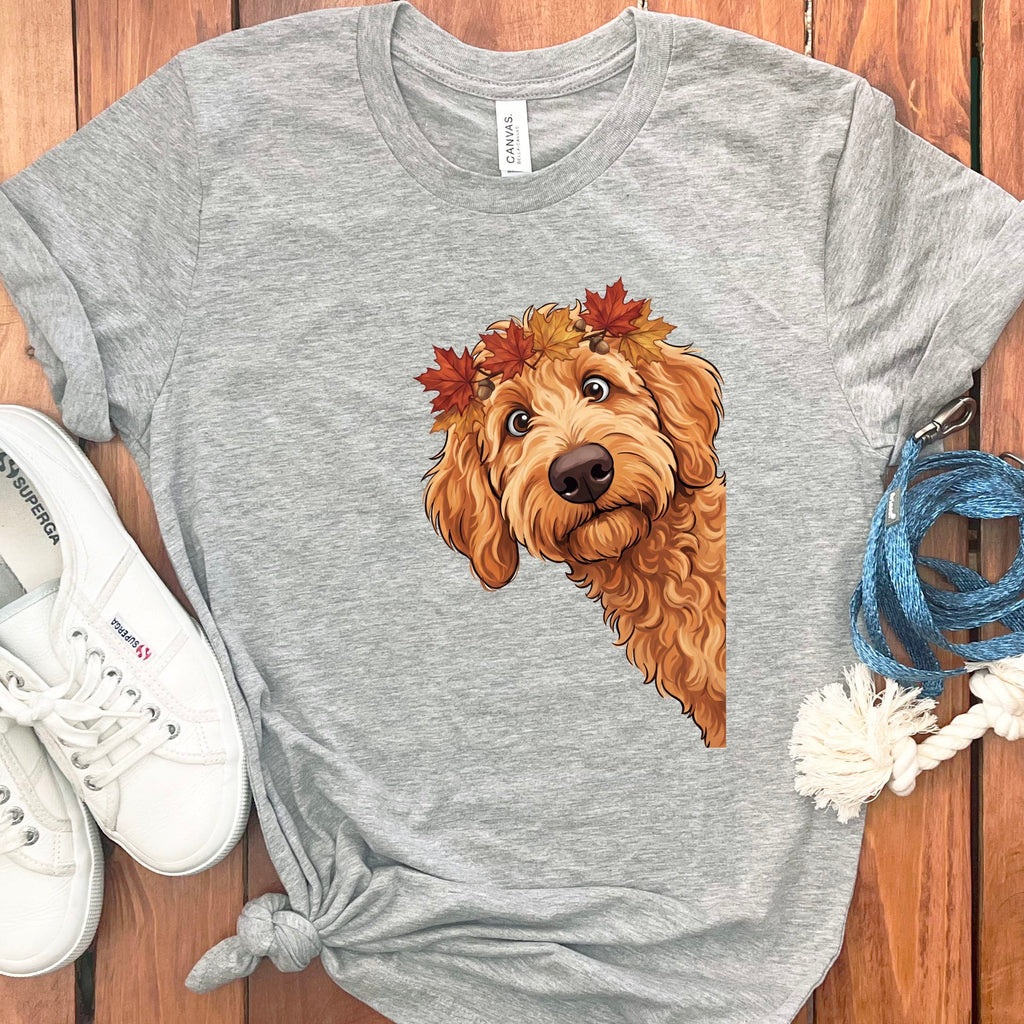 Fall Crown Apricot Goldendoodle T-Shirt in Athletic Heather / S by Puppy Jo