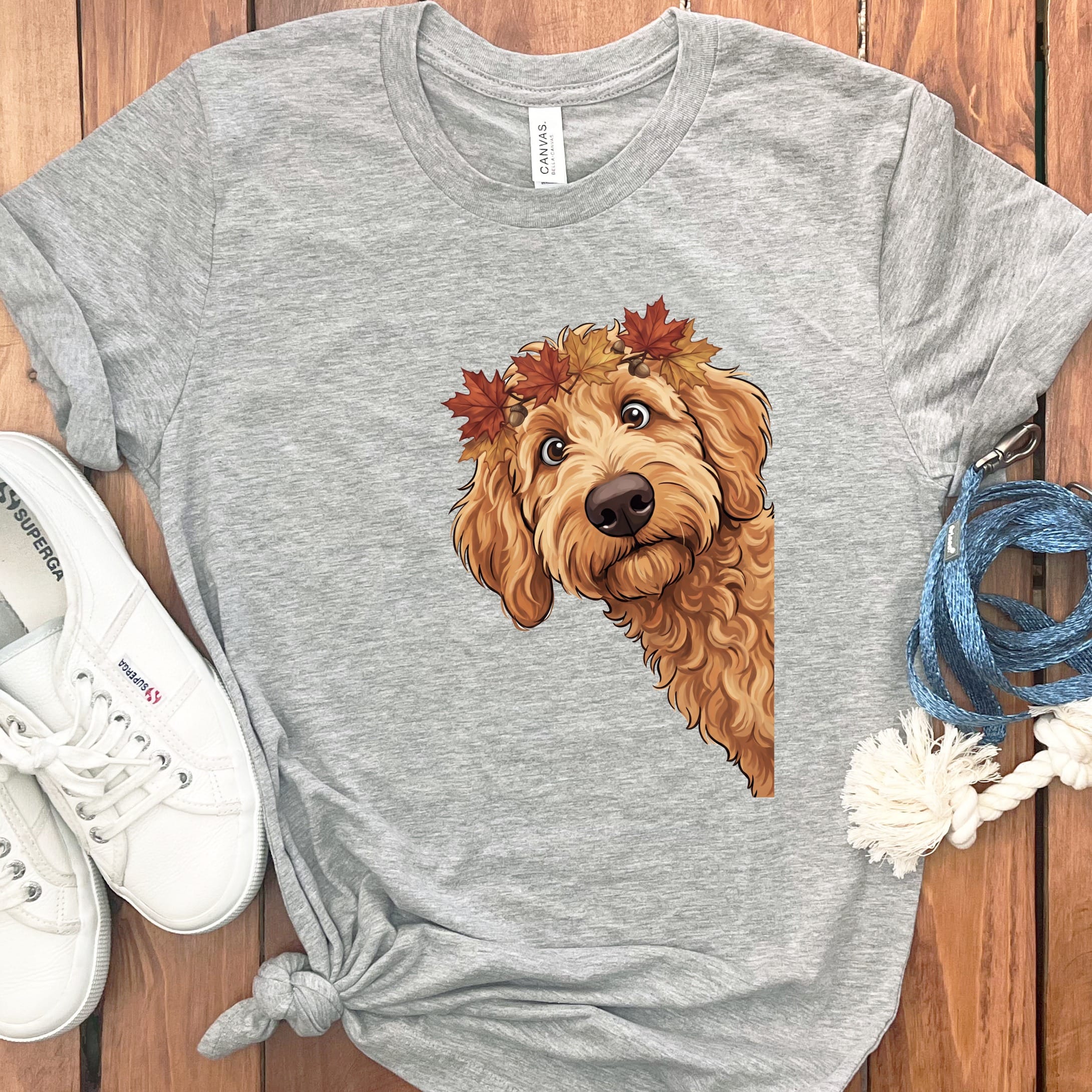 Fall Crown Apricot Goldendoodle T-Shirt in Athletic Heather / S by Puppy Jo